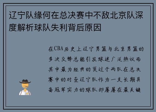 辽宁队缘何在总决赛中不敌北京队深度解析球队失利背后原因