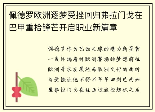 佩德罗欧洲逐梦受挫回归弗拉门戈在巴甲重拾锋芒开启职业新篇章